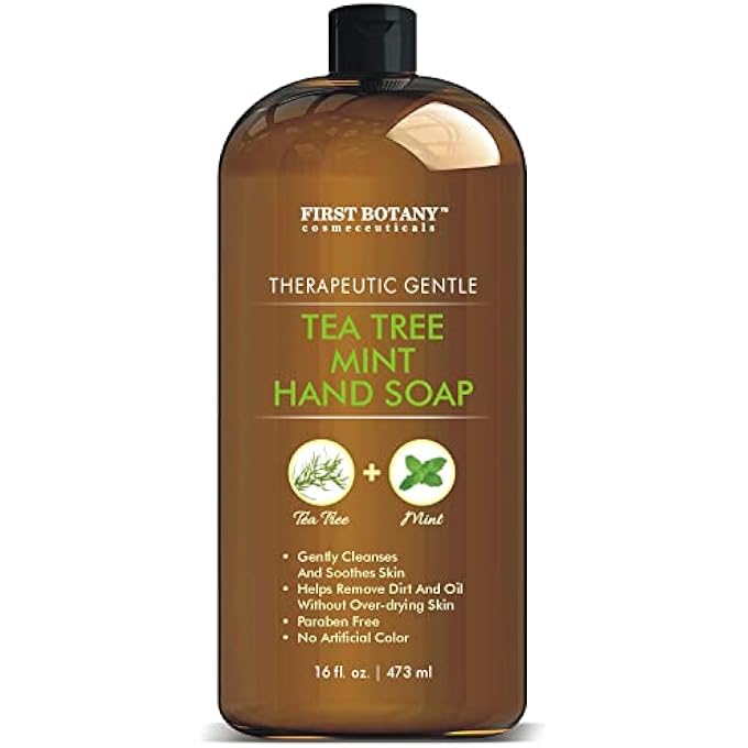 First Botany TEA TREE MINT HAND SOAP - LIQUID HAND SOAP WITH PEPPERMINT, JOJOBA AND COCONUT OIL - MULTIPURPOSE LIQUID SOAP IN PUMP DISPENSER - NATURAL BATHROOM SOAP & LIQUID HAND WASH - 16 FL OZ - Image 1
